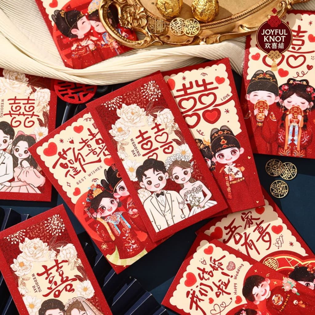 [SG READY STOCK] Traditional Chinese Wedding Cartoon Red Packet | Double Happiness Angbao | Angpao/Angpow | 6pcs 结婚红包 双喜 – view 2