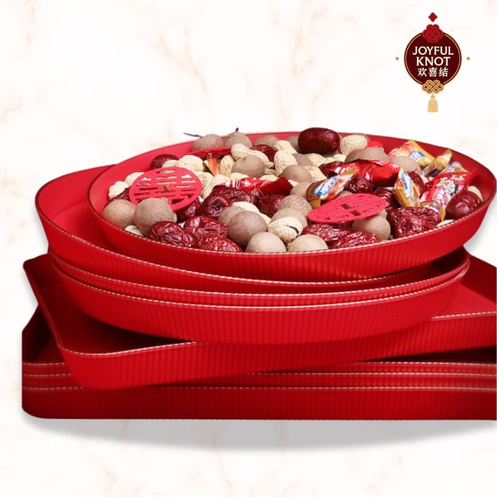 [SG READY STOCK] Double Happiness Gold Rim Tray | Wedding Tea & Wine Serving Plate | Fu Xi Character Fruit Tray 金边喜字福字托盘 – view 2