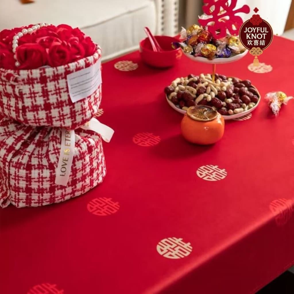 [SG READY STOCK] Guo Da Li Red Table Cloth | Chinese Wedding Double Happiness Xi Tablecloth | Rectangle  喜字红桌布 – view 5